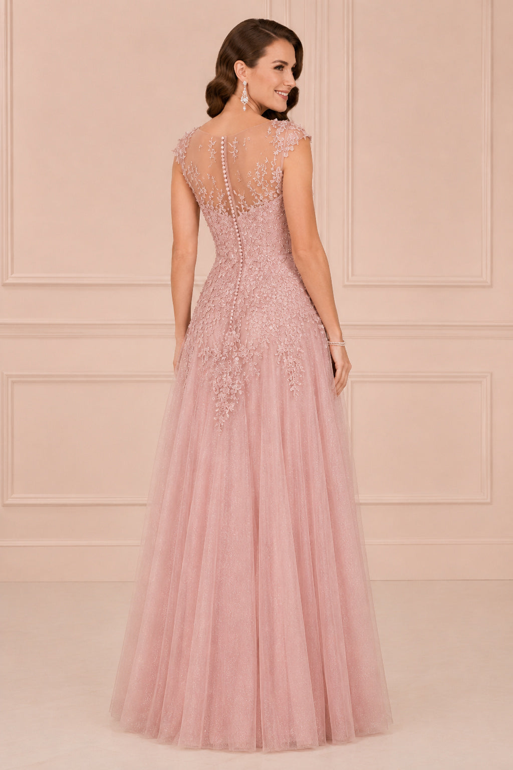 Blushing Pink Cap Sleeve Tulle A-Line Prom Dress with Lace Applique back view