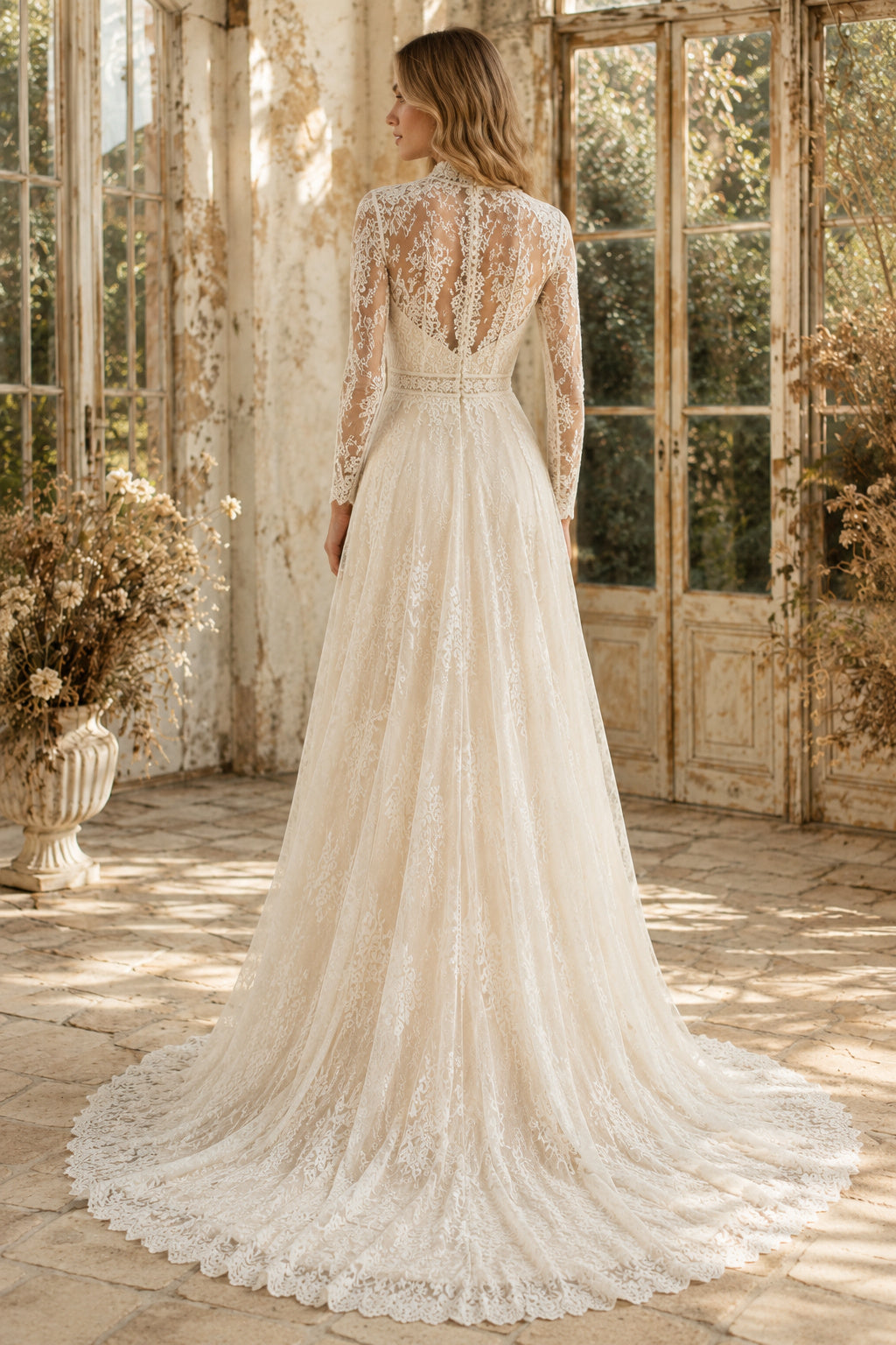 Ivory High Neck Long Sleeve Lace A-Line Wedding Dress with Illusion Back and Sweep Train back view
