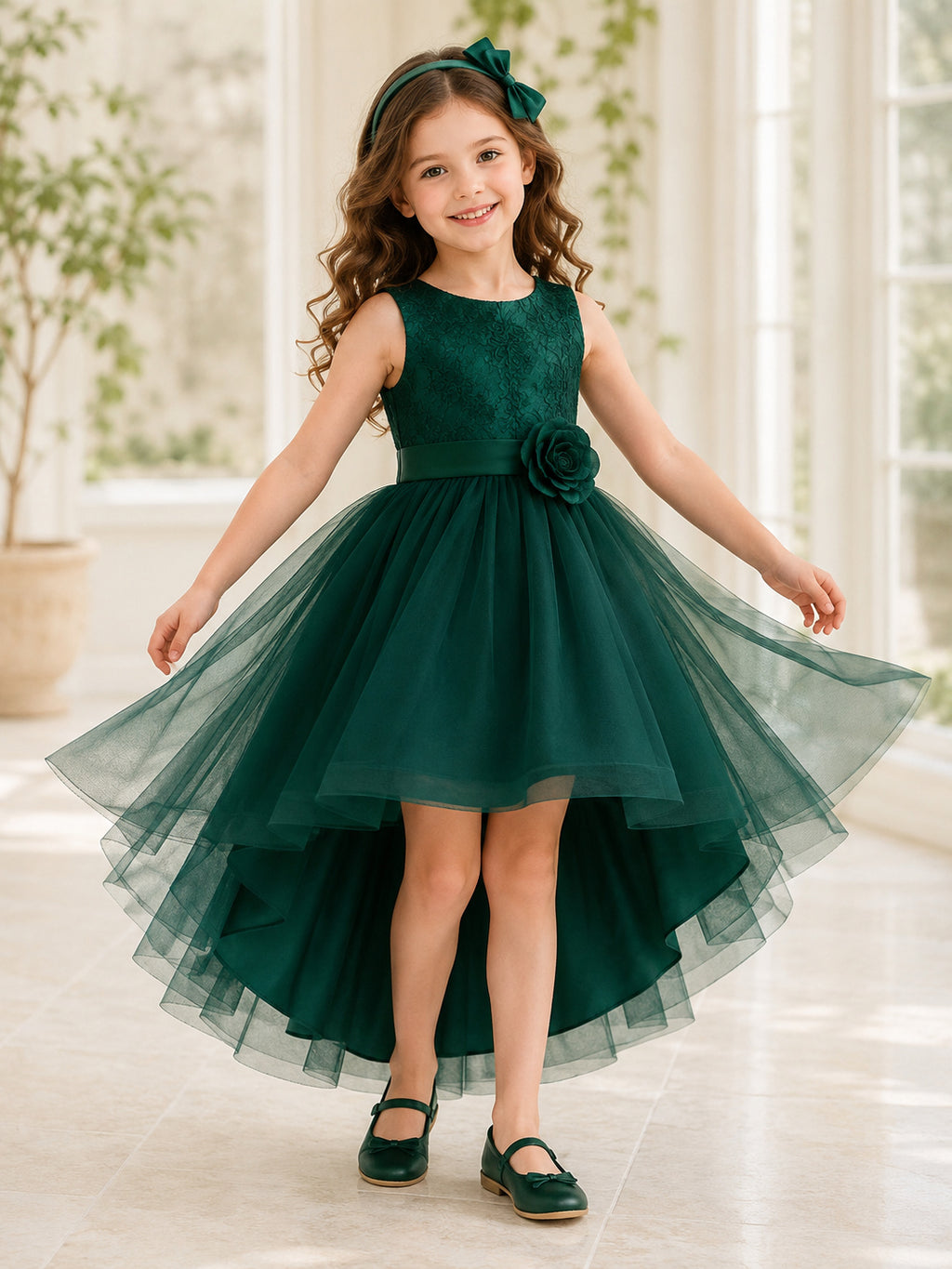 Dark Green Ruffle Tulle A-Line Flower Girl Dress with Jewel Neck, Sleeveless, and High-low Skirt front view