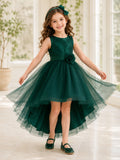 Dark Green Ruffle Tulle A-Line Flower Girl Dress with Jewel Neck, Sleeveless, and High-low Skirt front view