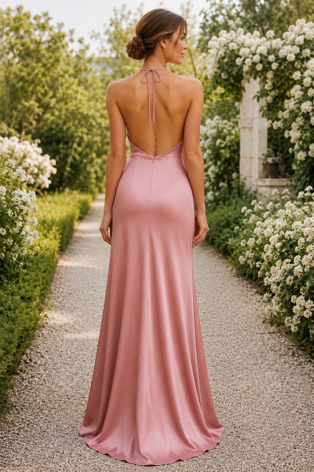 Pearl Pink halter satin sheath gown with open strappy back and soft drape Floor-length Sheath Bridesmaid Dress back view