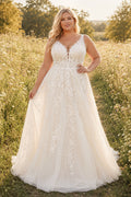 Plus Size Ivory V-Neck Strap Sleeveless Lace Tulle A-Line Wedding Dress with Lace Bodice and Tulle Sweep Train front view
