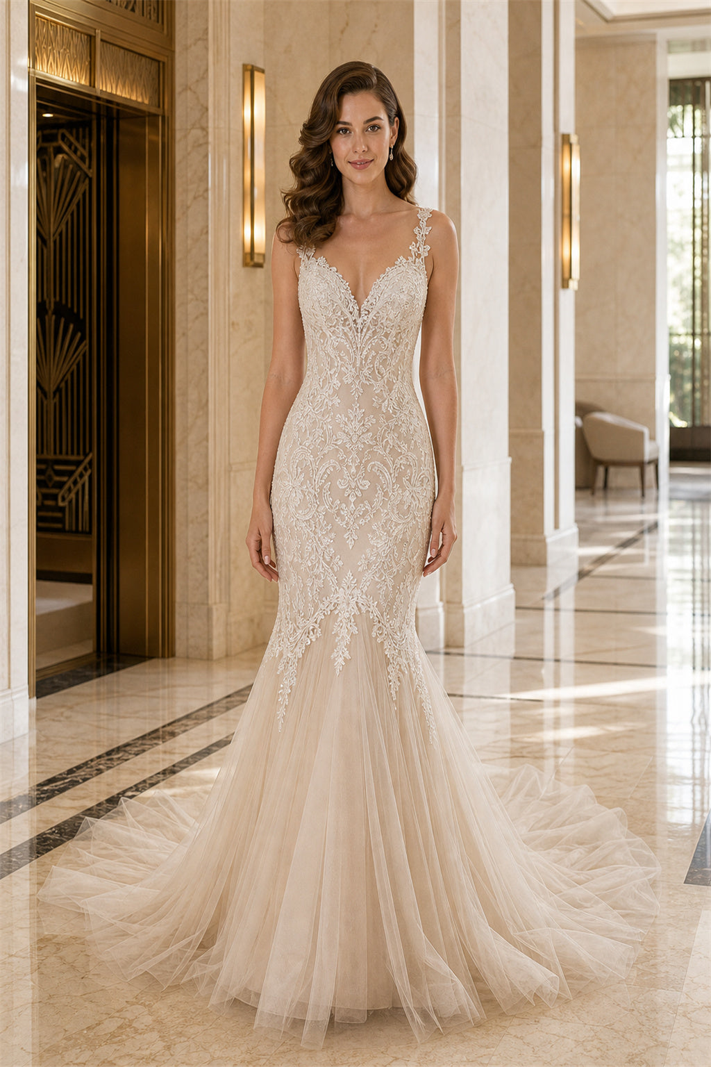 Champagne V-neck Mermaid Lace, Tulle Floor-length Wedding Dress With Lace and Tulle Train and Open Back