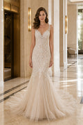 Champagne V-neck Mermaid Lace, Tulle Floor-length Wedding Dress With Lace and Tulle Train and Open Back