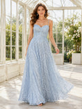 Sky Blue Off Shoulder Sequin A-Line Dress front view
