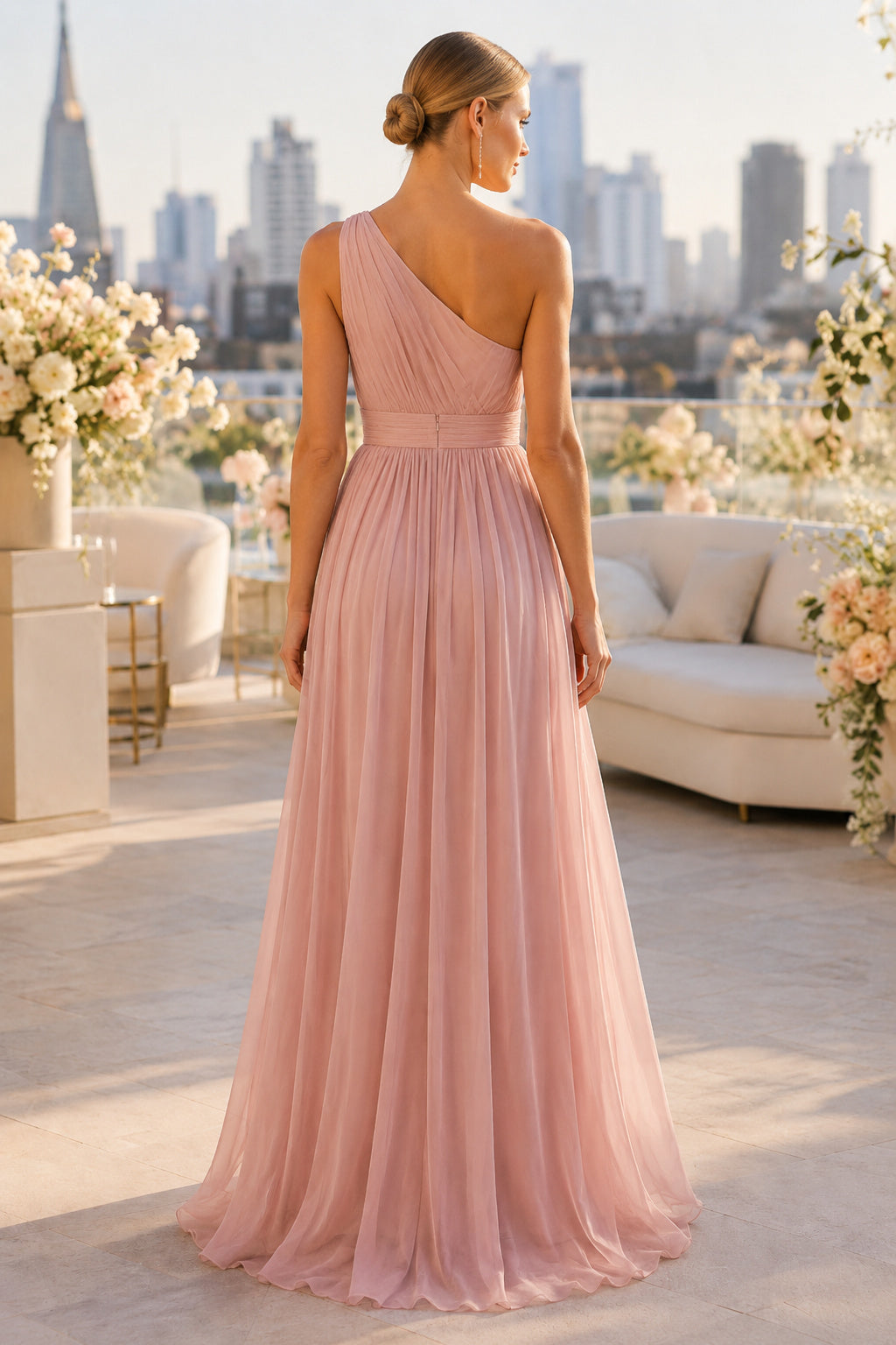 Sage Chiffon Wedding Guest A-Line Dress back view