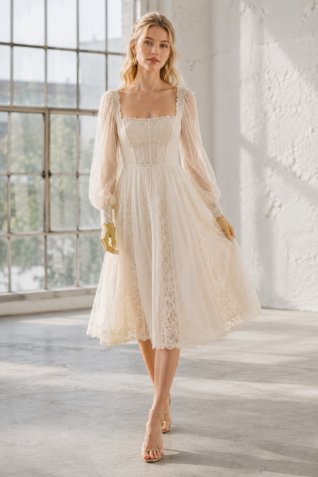 Square Neck Tea-Length Wedding Dress with Long Sheer Sleeves and Lace Skirt front view
