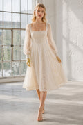 Square Neck Tea-Length Wedding Dress with Long Sheer Sleeves and Lace Skirt front view