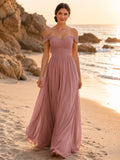 Dusty Rose Oceanfront A-Line Chiffon Bridesmaid Dress with Off-Shoulder Sweetheart Short Sleeve Bodice, Pleated Floor-Length