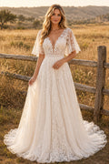 Flutter Sleeve V-Neck A-Line Wedding Dress with Lace Appliques and Full Train for Rustic Garden Ceremony Style MG_700733 fron