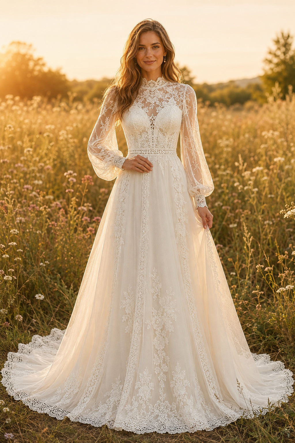 Ivory High Neck Bishop Sleeve Lace A-Line Wedding Dress with Chapel Train front view
