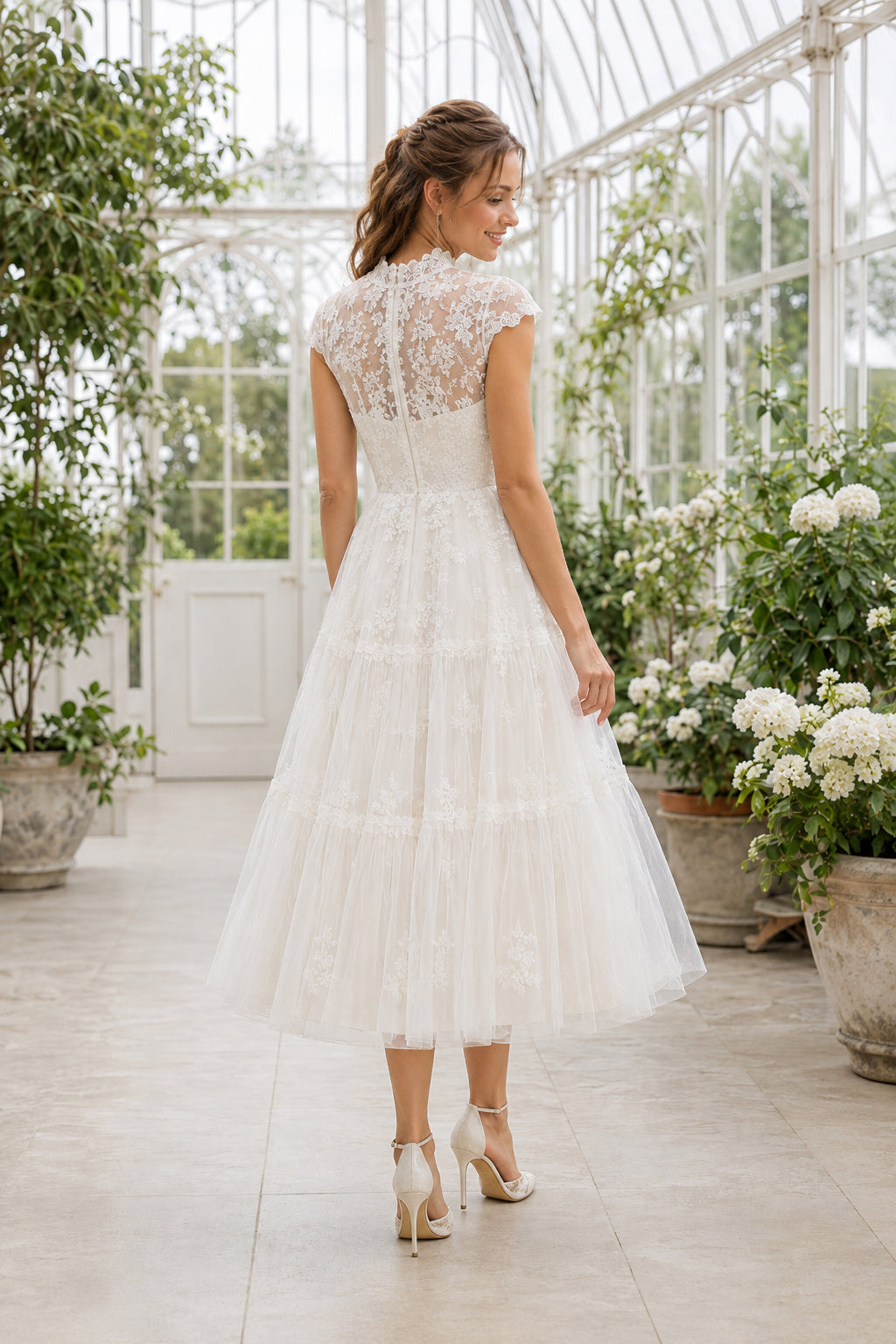 Ivory High Neck Cap Sleeve Lace Tulle Tea-Length Wedding Dress with Cap Lace Sleeves and Tiered Tulle Skirt back view