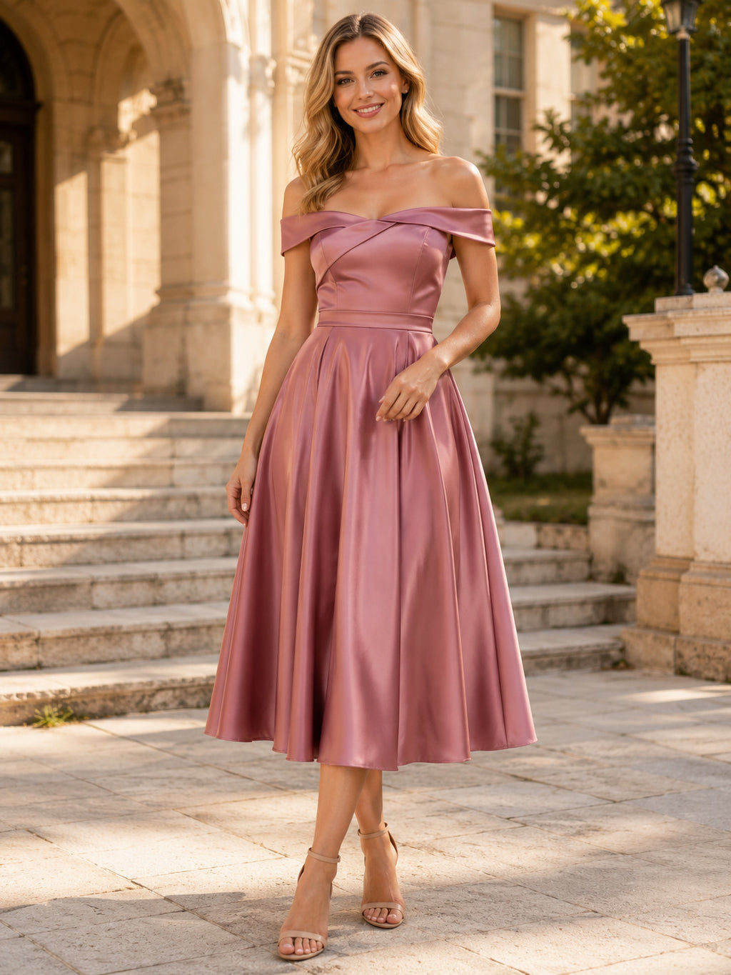 Vintage Dusty Rose Satin Prom A Line Tea Length Off Shoulder Dress front view