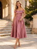 Vintage Dusty Rose Satin Prom A Line Tea Length Off Shoulder Dress front view