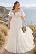 Ivory Plus Size V-Neck Lace Mermaid Wedding Dress with Flutter Sleeves and Sweep Train front view