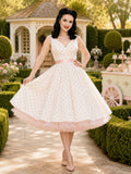 Pink Sash Dotted Petticoat Rockabilly Garden Bridal Dress front view