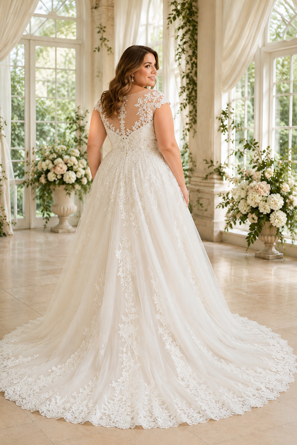 Ivory Plus Size Jewel Neck Illusion Lace A-Line Wedding Dress with Full Skirt and Train back view