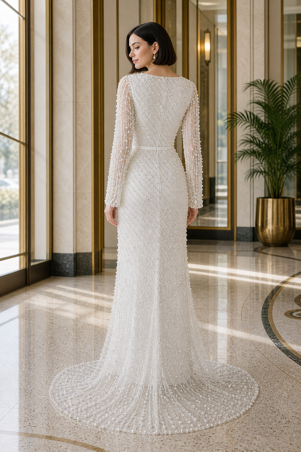 White Bateau Cap Sleeves A-Line Satin Floor-length Wedding Dress With Beaded Bodice and Pleated Skirt and Open Back Lace Hem Detail