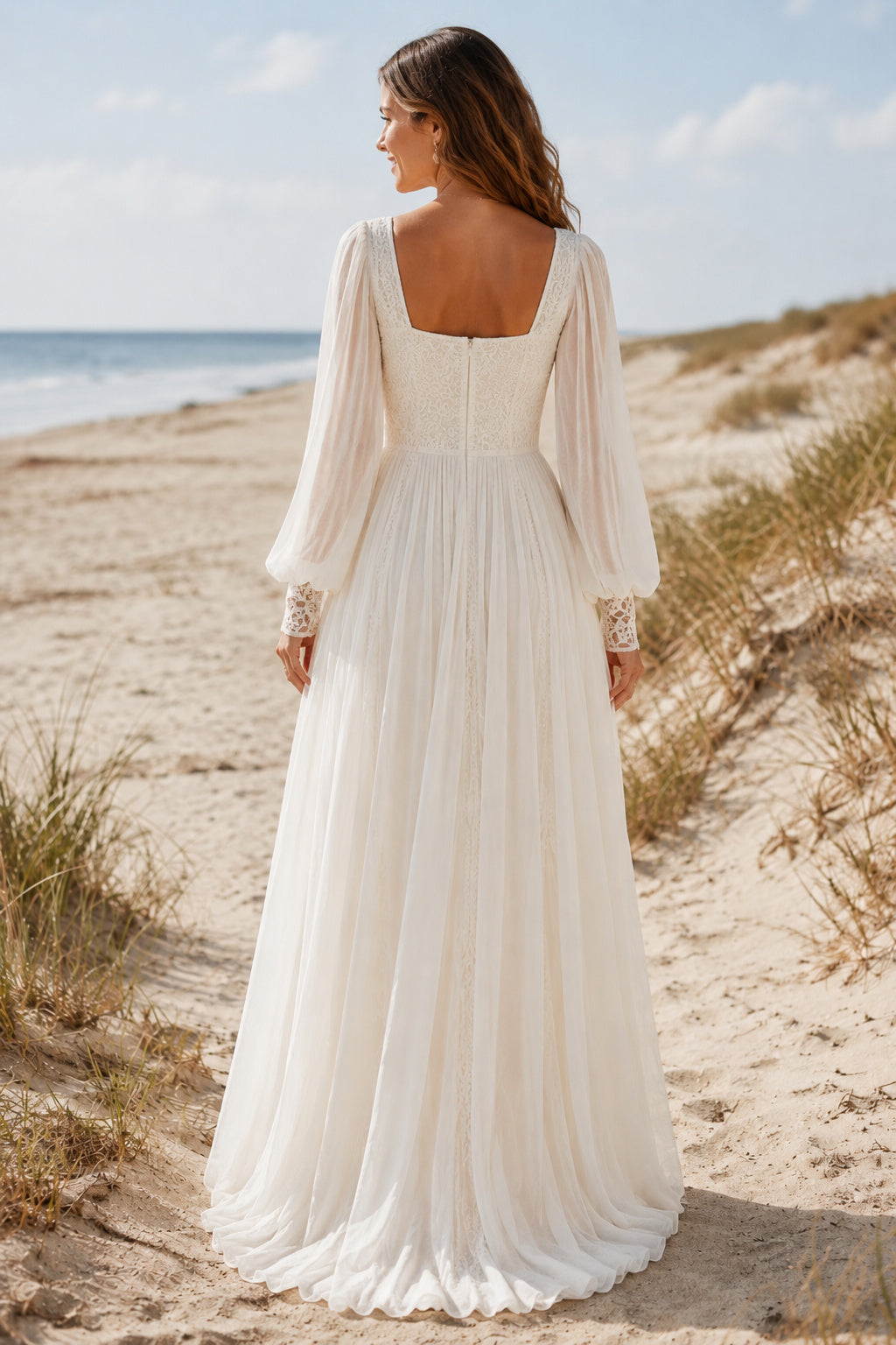 Ivory Square Neck Long Bishop Sleeve Chiffon A-Line Wedding Dress with Train back view