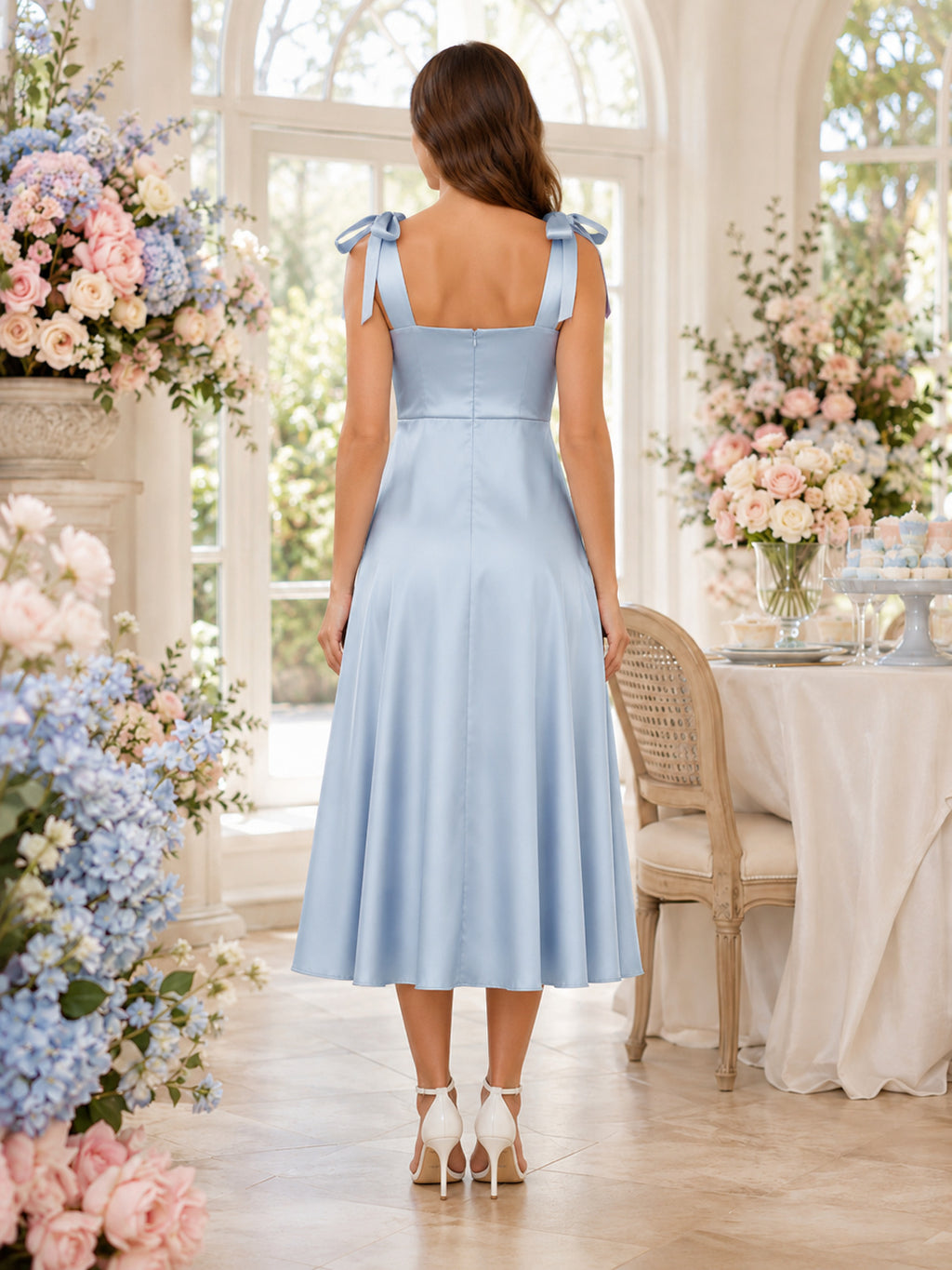 Sky Blue Tie Strap Baby Shower A-Line Dress back view