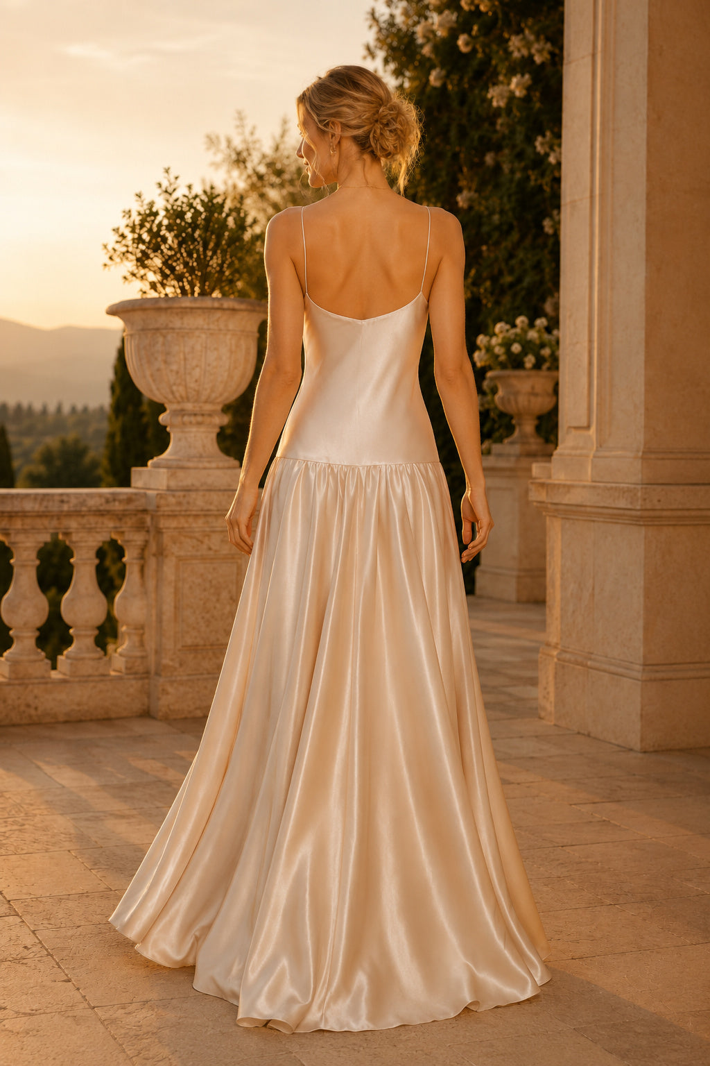 Drop Waist Evening Gown Champagne Satin A-Line Cowl Neck Sleeveless Floor Length back view