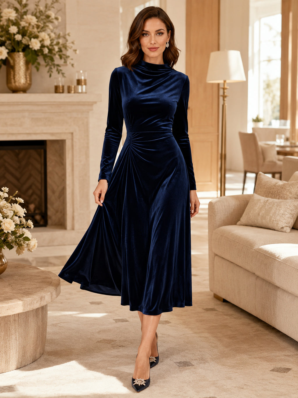 Navy High Neck Long Sleeve Velvet Winter Occasion Dress front view