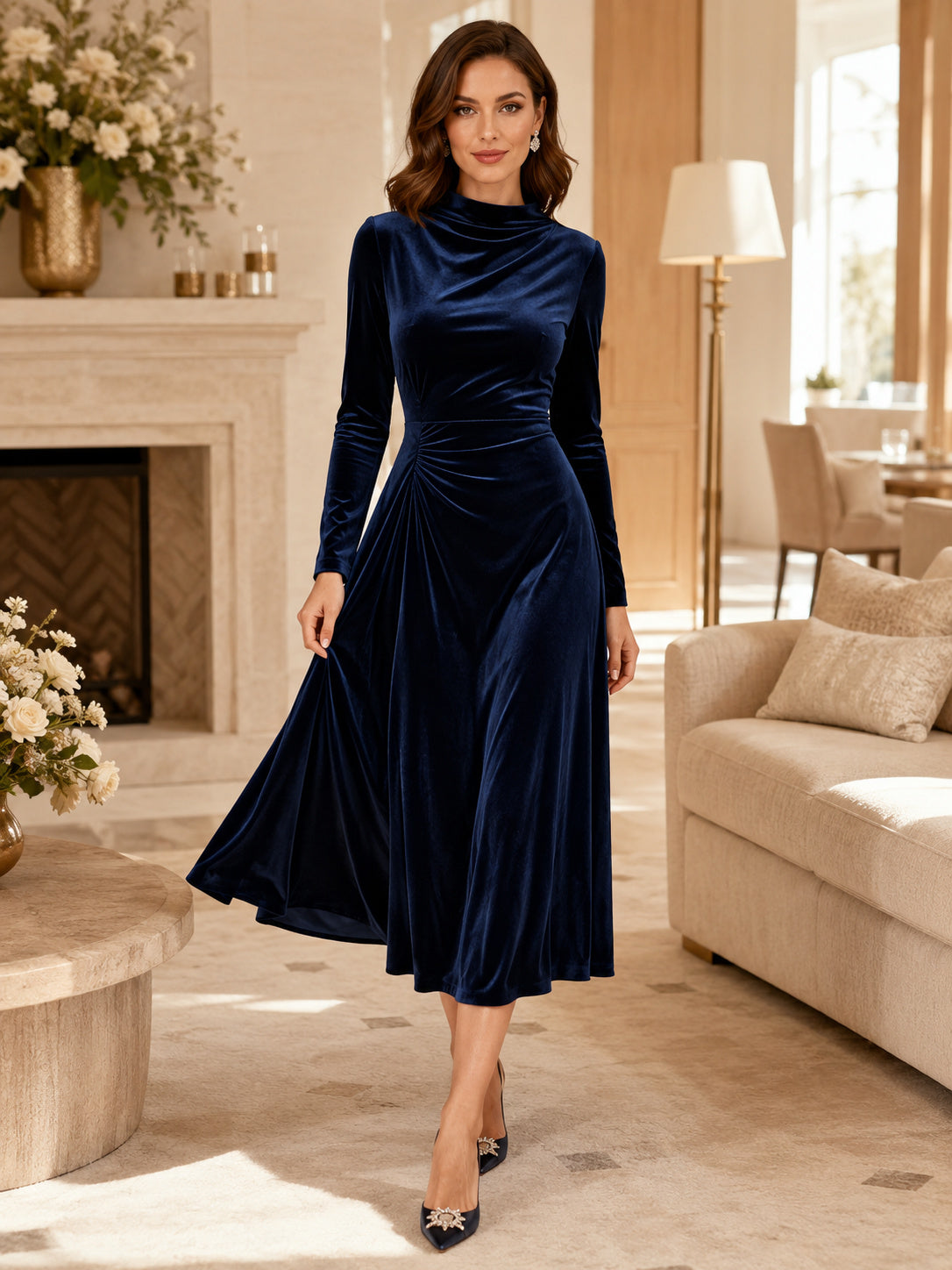 Navy High Neck Long Sleeve Velvet Winter Occasion Dress front view