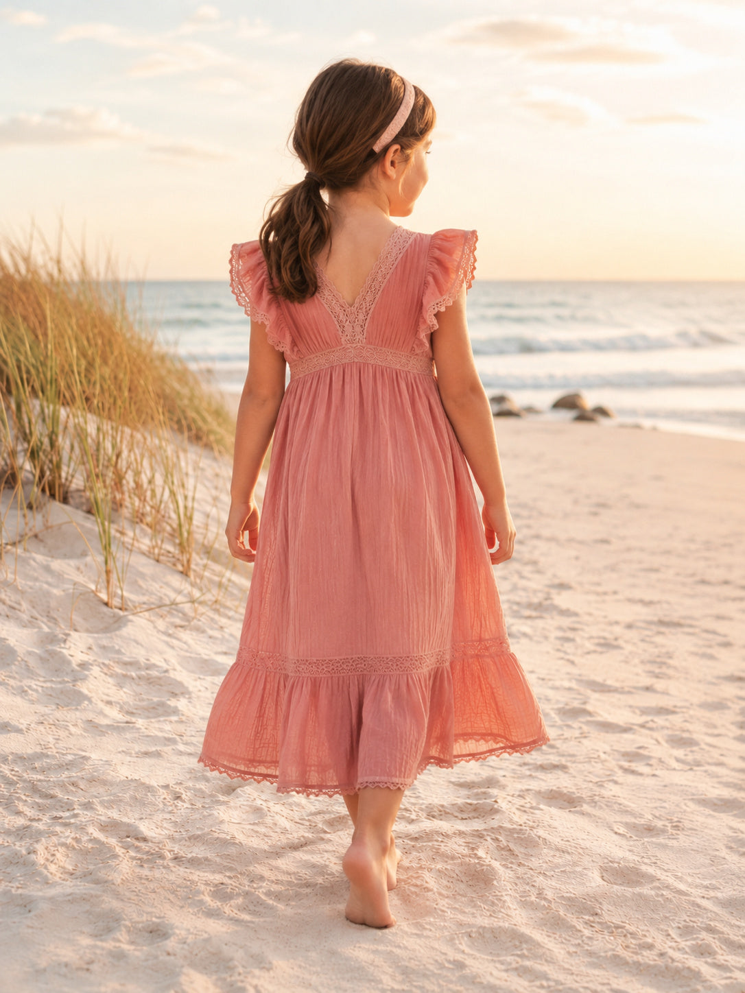 Beach Coral Flutter Sleeve Chiffon Tea-Length A-Line Flower Girl Dress with V-neck Neck and Ruffle Detail back view