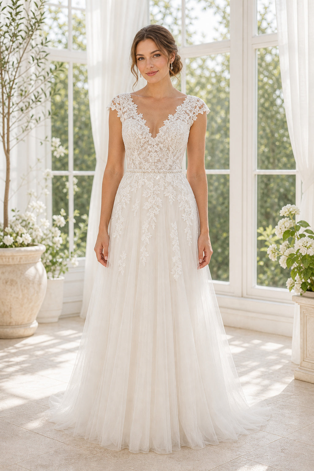 White Scoop Short Sleeves Mermaid Crepe, Lace Floor-length Wedding Dress With Lace and Floral Appliques and Open Back