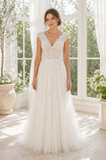 White Scoop Short Sleeves Mermaid Crepe, Lace Floor-length Wedding Dress With Lace and Floral Appliques and Open Back