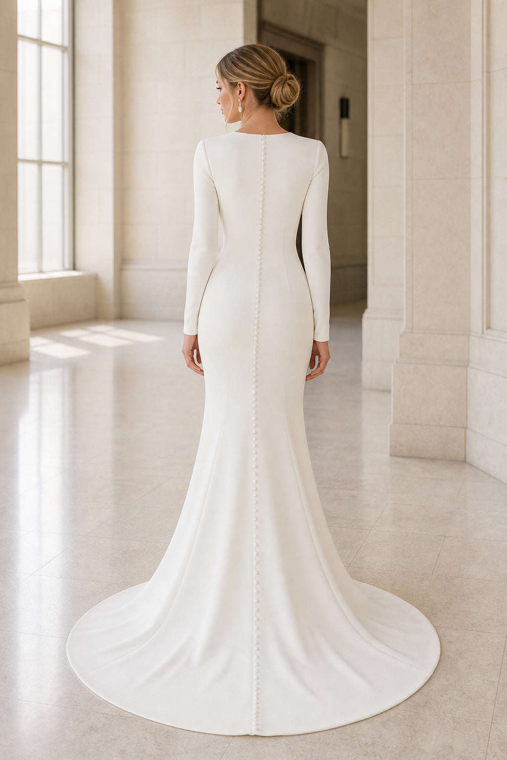 Champagne Bateau Short Sleeves Mermaid Crepe, Lace Floor-length Wedding Dress With Lace and Floral Appliques and Open Back