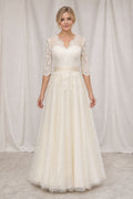 White Scoop Cap Sleeves A-Line Satin Floor-length Wedding Dress With Beaded Bodice and Pleated Skirt and Open Back