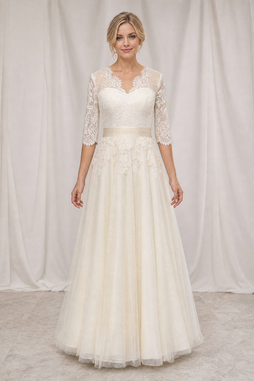 White Scoop Cap Sleeves A-Line Satin Floor-length Wedding Dress With Beaded Bodice and Pleated Skirt and Open Back