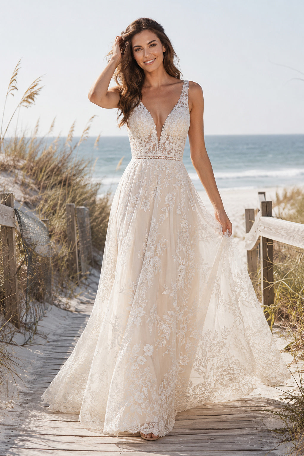 Ivory Strap V-Neck Lace Tulle A-Line Wedding Dress Low Back Train for Bridal Ceremony and Reception front view