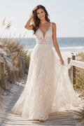 Ivory Strap V-Neck Lace Tulle A-Line Wedding Dress Low Back Train for Bridal Ceremony and Reception front view