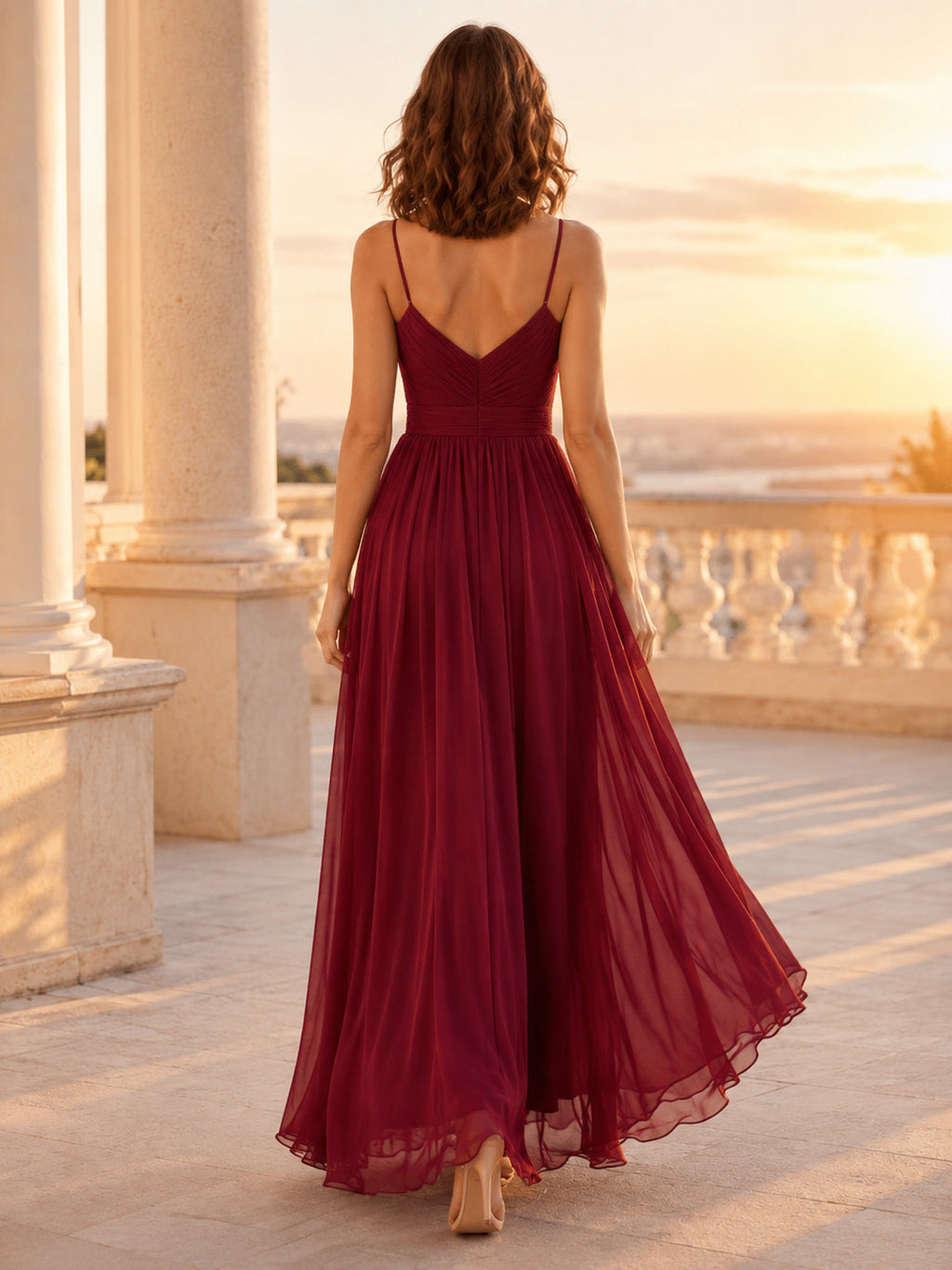 Burgundy Spaghetti Strap Chiffon A Line Evening Dress back view