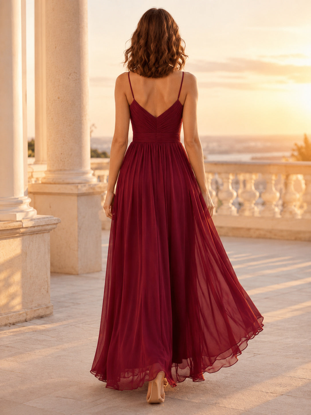 Burgundy Spaghetti Strap Chiffon A Line Evening Dress back view