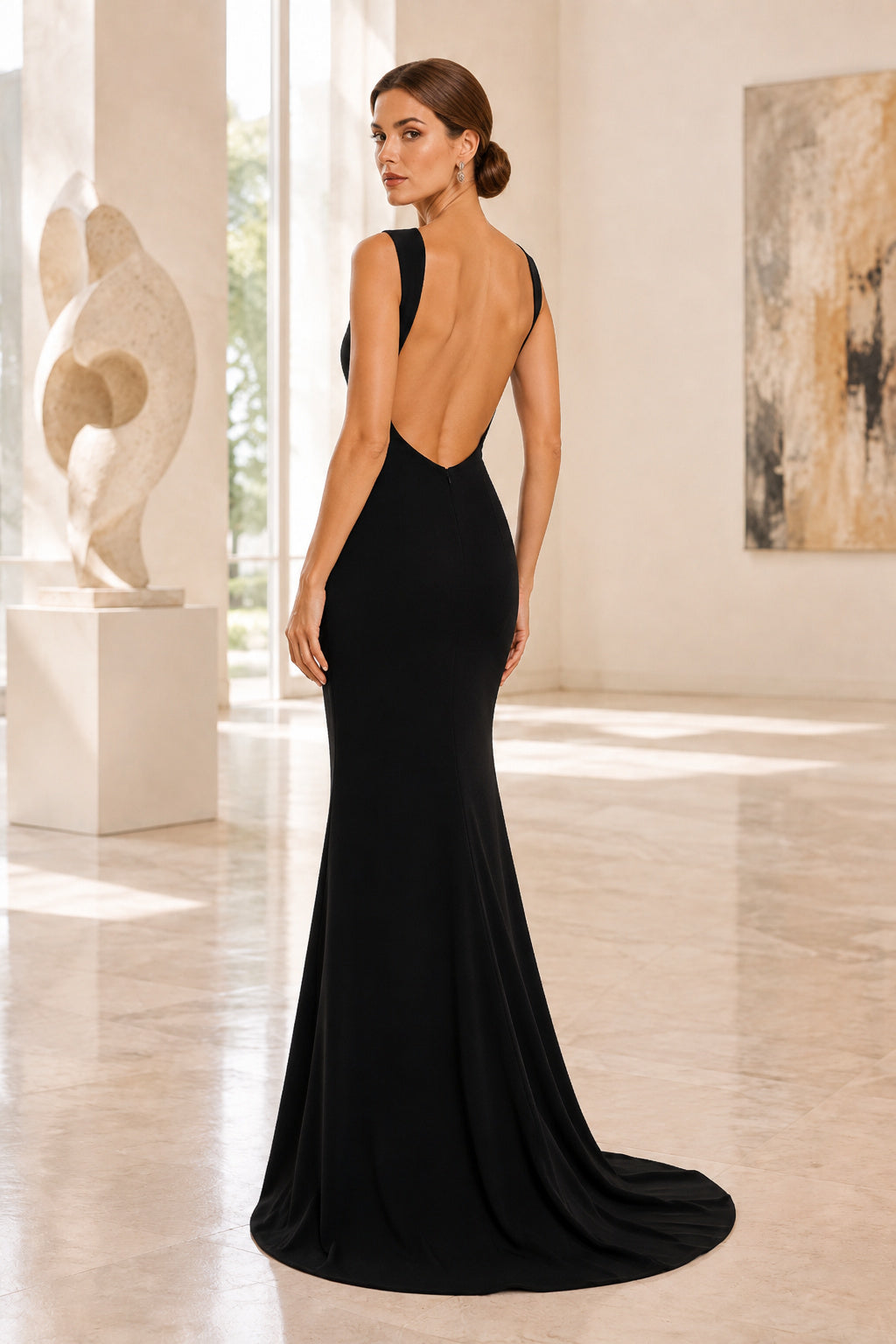 Black Bateau Sleeveless Mermaid Evening Gown With Deep Open Back And Sweep Train Evening Dress back view