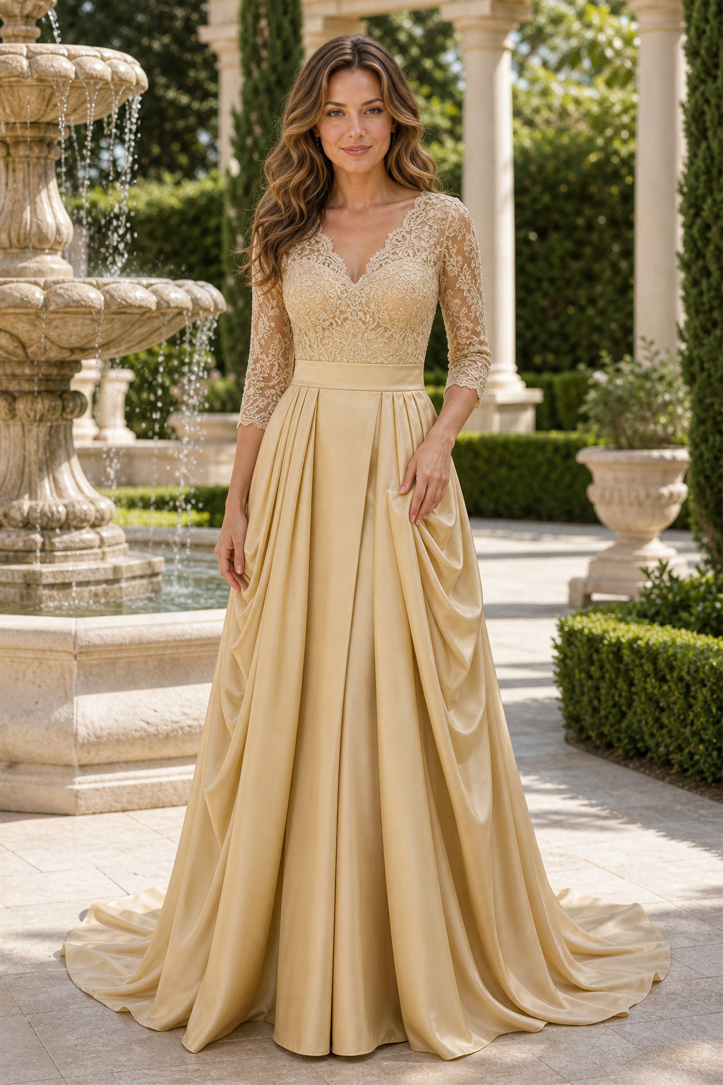 Gold V-neck Long Sleeves A-Line Satin, Lace Floor-length Wedding Dress With Lace Bodice and Pleats