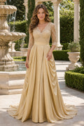 Gold V-neck Long Sleeves A-Line Satin, Lace Floor-length Wedding Dress With Lace Bodice and Pleats