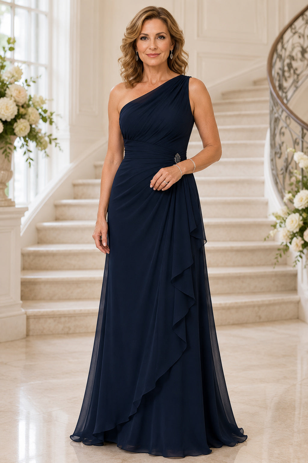 Dark Navy One Shoulder Chiffon A-Line Mother Dress with Side Drape and Ruffle Detail front view
