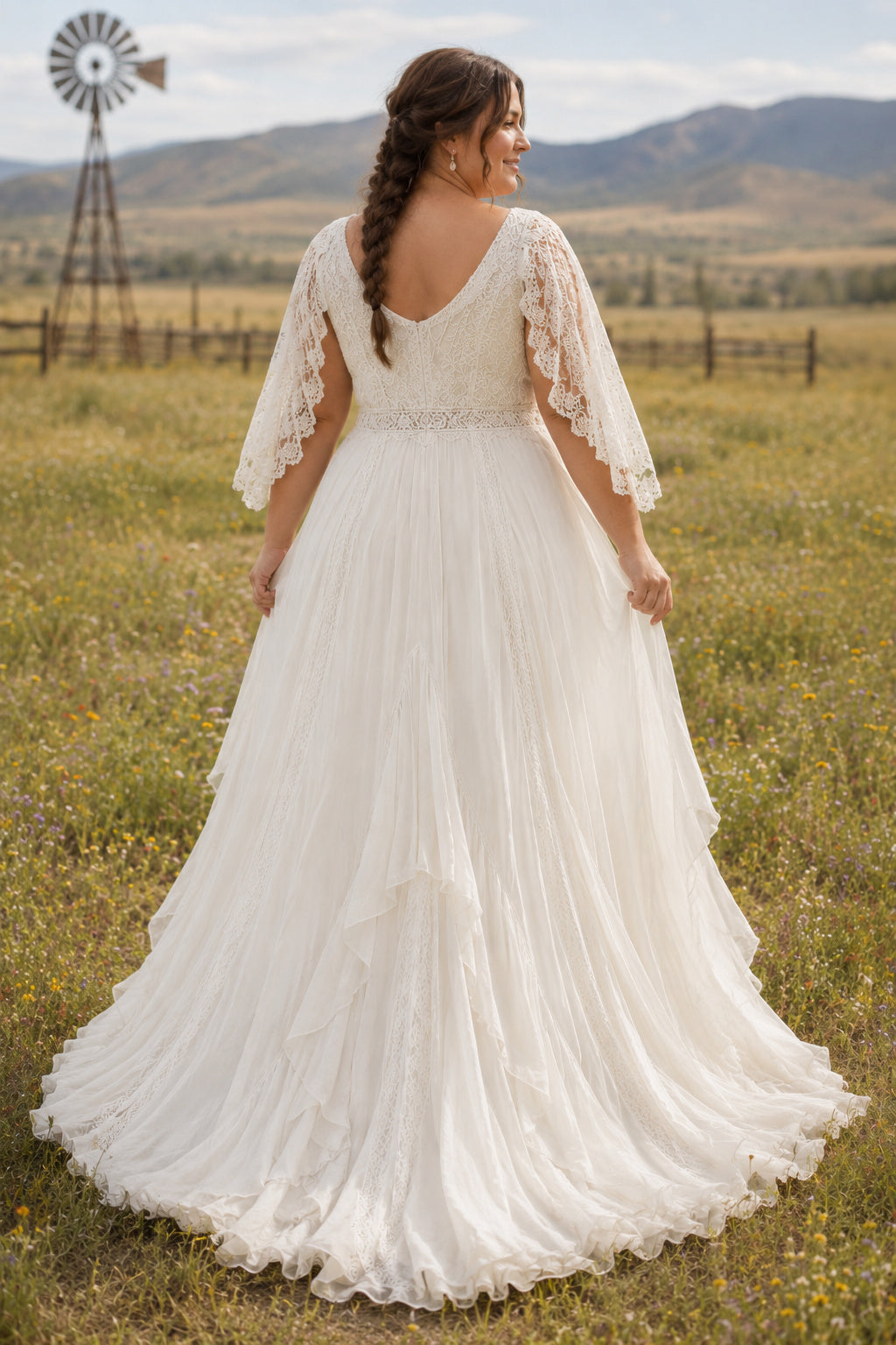 Plus Size Ivory V-Neck Flutter Sleeve Lace Tulle A-Line Wedding Dress with Flutter Sleeves and Soft Chiffon Skirt back view