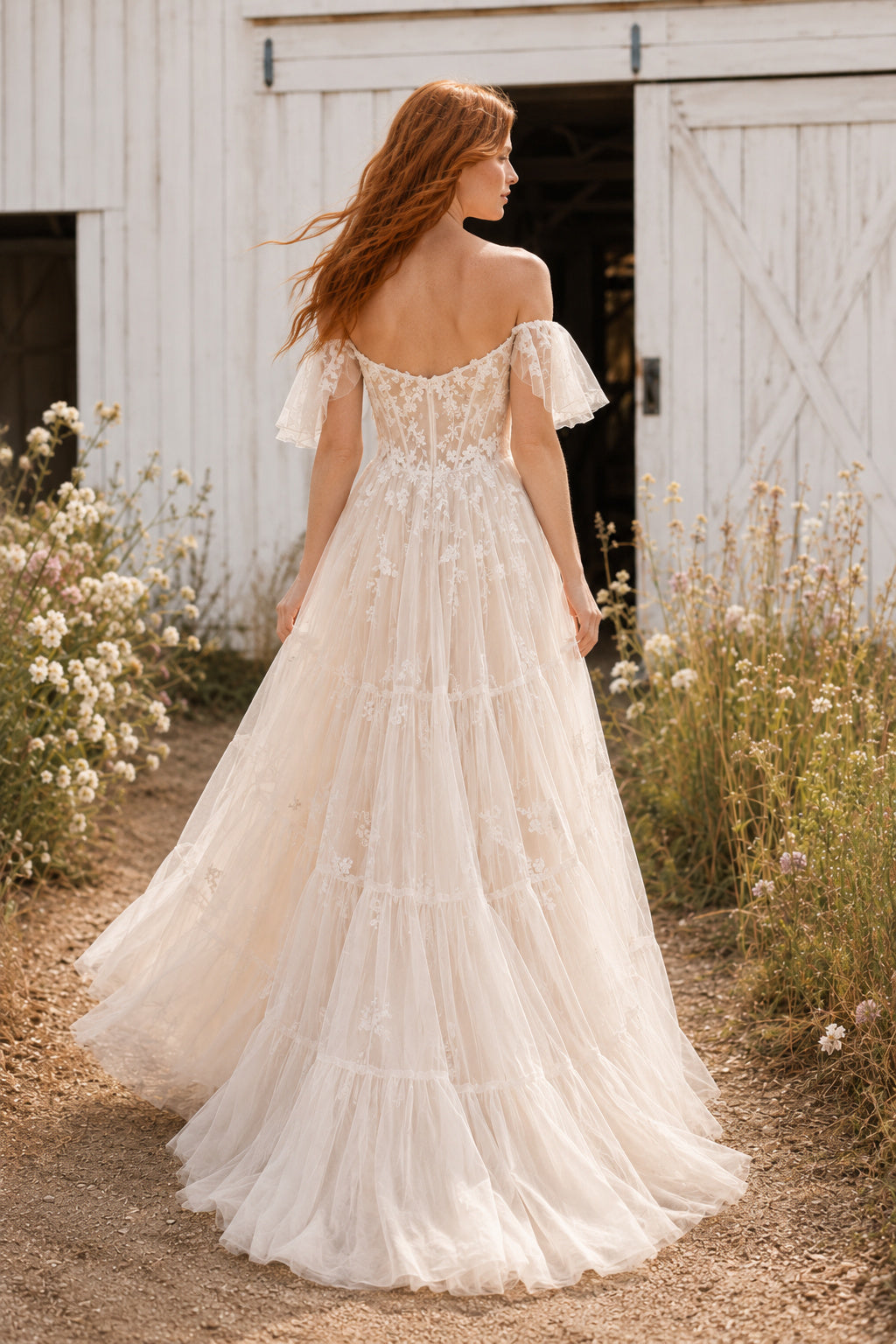 Ivory Off-the-Shoulder Lace A-Line Wedding Dress with Flutter Sleeves and Layered Tulle Skirt back view