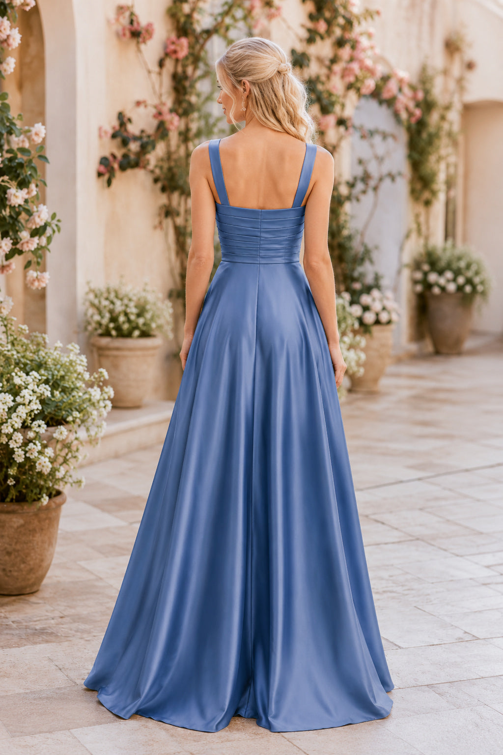 Steel Blue Square Neck Satin A-Line Bridesmaid Dress with Pleated Waist and Full Skirt back view
