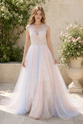 White Illusion Long Sleeves A-Line Crepe Floor-length Wedding Dress With Open Back and Lace Bodice