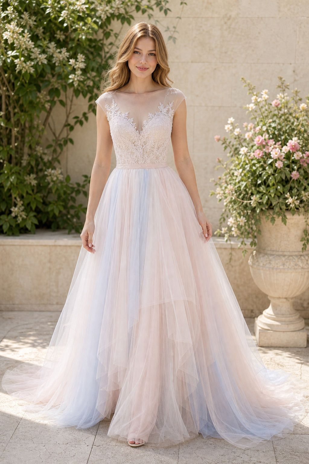 White Illusion Long Sleeves A-Line Crepe Floor-length Wedding Dress With Open Back and Lace Bodice