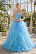 Sky Blue Strapless Sweetheart Ball Gown Tulle Floor-Length Dress With Ruffle Skirt