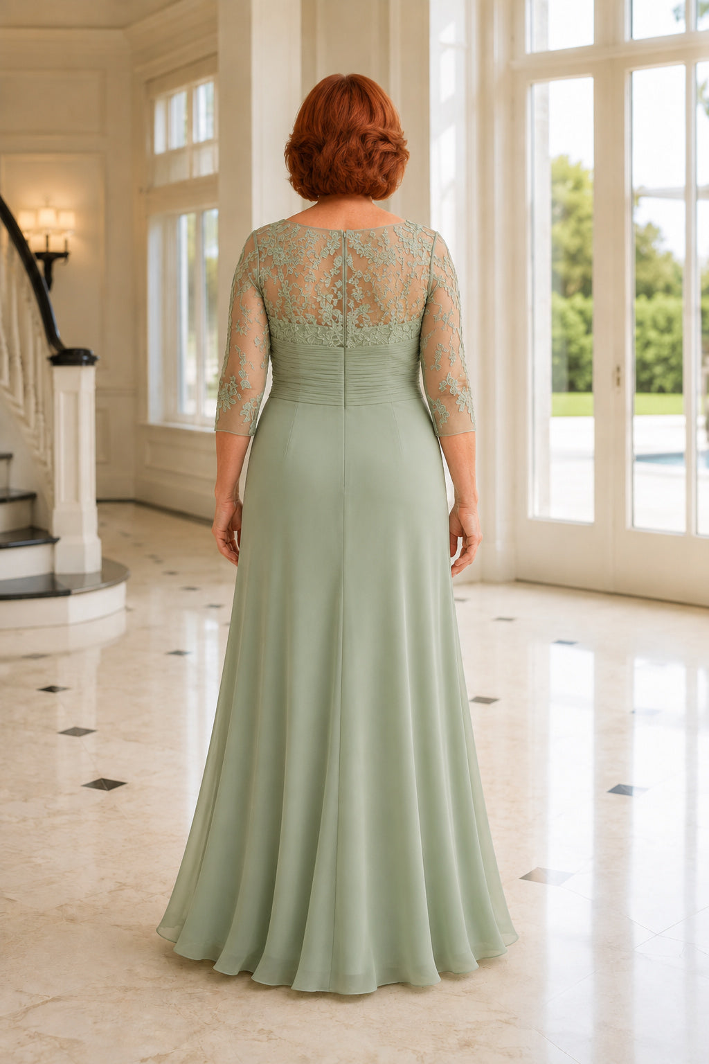 Sage Chiffon A-Line Mother Dress with Lace Illusion Three Quarter Sleeves back view