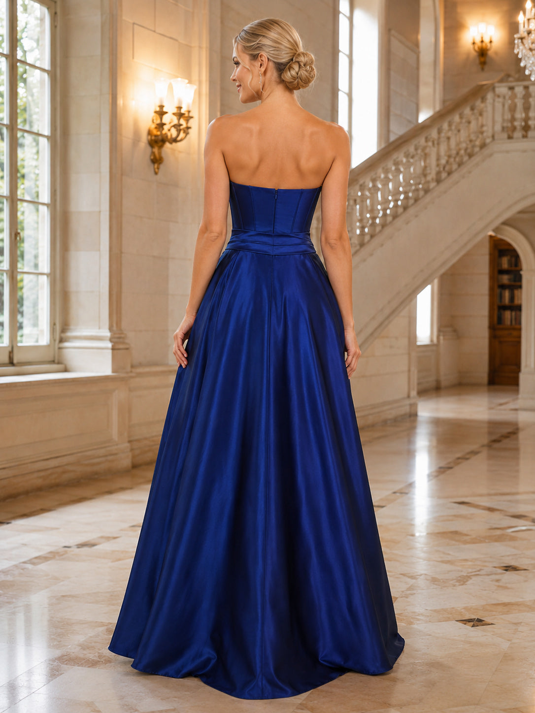 Royal blue satin strapless sweetheart ball gown dress back view