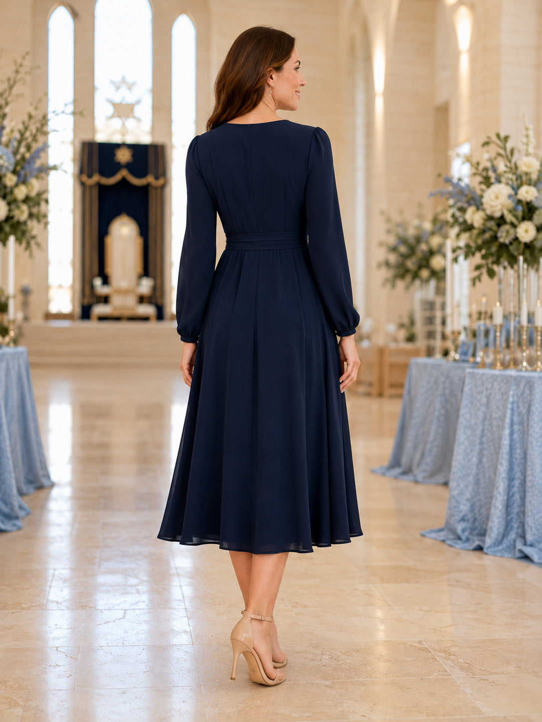 Navy Long Sleeve Wrap A Line Guest Midi Dress back view